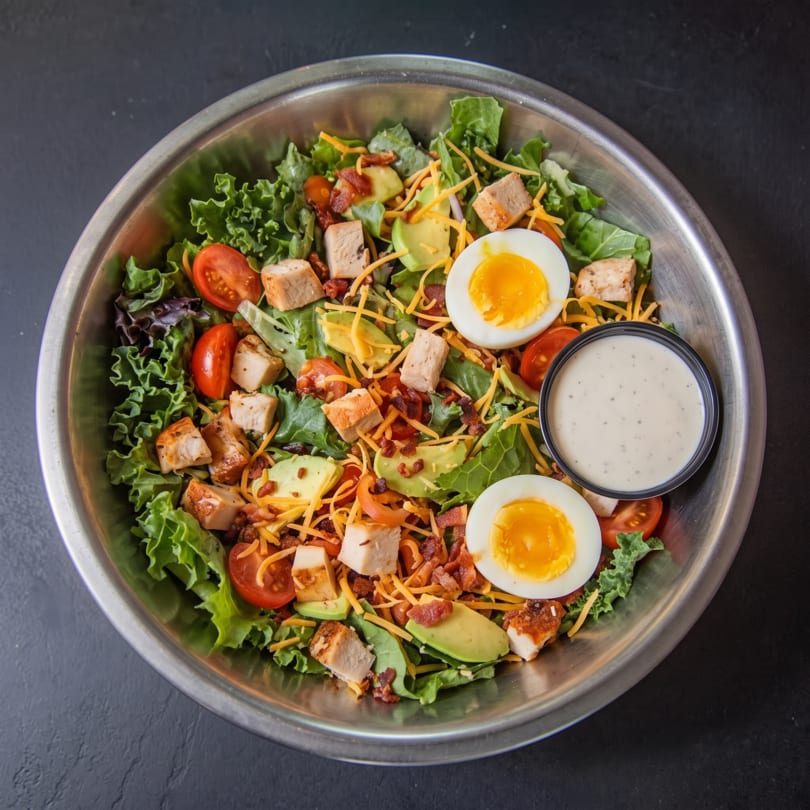 Cobb salad in a metal bowl with chicken, avocado, tomatoes, cheese, bacon, eggs, and ranch dressing.